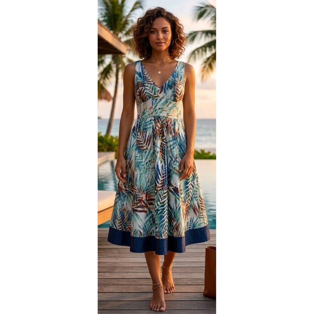 Patrizia Luca Milano Midi Dress Sleeveless Satin Trim Tropical Print Size Large